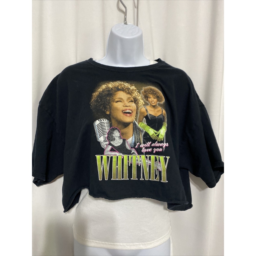 Whitney Houston Graphic Tee Women XL Black Excellent Cropped Raw Hem Music Shirt